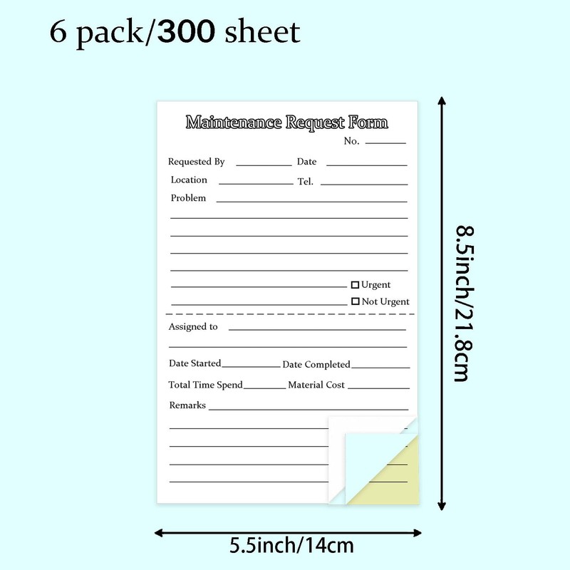 Generic 300 Sets Maintenance Request Forms, 3 Part Carbonless, 6