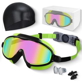 Hurdilen Kids Swim Goggles, Anti-fog, UV Protection and Wide View with Swim Cap for Age 3-15 Youth Boys Girls Toddler