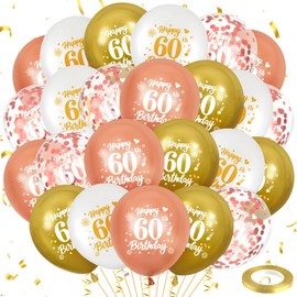 24Pcs 60th Birthday Balloons for Women, Rose Gold and White Gold Happy 60th Birthday Latex Balloons, Rose Gold 60th Birthday Party Decorations Balloons for Women 60 Years Old Birthday Decor 12 inches