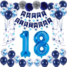NANINUNENO 18th Birthday Party Decorations In Blue Boys And Girls, Supplies Happy Balloons With Banner, Numbers, Star Streams, Swirls Hanging
