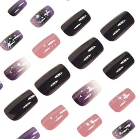 MIXFOSAHN Art Press on Nails Medium Square Fake Nails Purple Starlit Sky False Nails with White Stars Designs Glossy Full Cover Stick on Nails Glue on Nails Acrylic Nails for Women Girls 24 Pcs