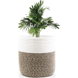 Rope Woven Plant Basket 12inch White & Jute Plant Basket for Plant Pots Indoor Flower Pot Covers Decorative Round Tree Planter Basket Modern Closet Storage Bin for Home Decor (White & Jute 12in)