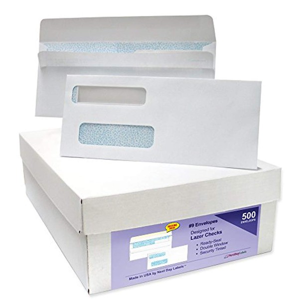 NextDayLabels #9 Ready-Seal Double Window Security Tinted Check Envelopes, Compatible for QuickBooks Checks, Sage 100 program, Blackbaud Software ETC, Box of 500