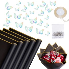 baotongle 20 Sheets Flower Wrapping Bouquet Paper Floral Wrapping Paper Sheets with 24PCS 3D Butterfly Decor 50 Pearl Pins 24 Yards Satin Ribbon for Wedding DIY Craft Mother's Day Birthday Party