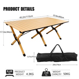 rollingsurfer Folding Camping Table, Lightweight Roll-Up Table Aluminum Low Portable Picnic Table with Carrying Bag for Outdoor, Beach, Picnic, Backyards, BBQ and Party, 45.2''L x 23.6''W x 17.3''H