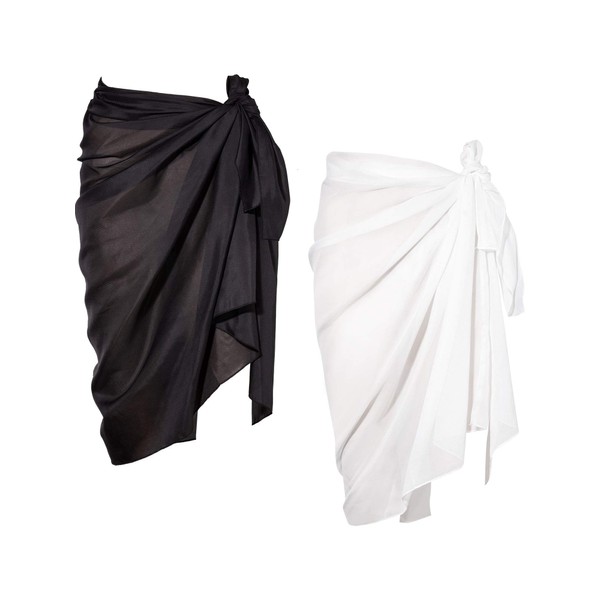 Chuangdi 2 Pieces Women Sarongs Swimsuit Beach Bikini Wrap Cover Up Chiffon Short Bathing Suit Skirts (Black and White)
