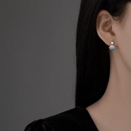 Asymmetric Dolphin Shell Dangle Drop Earrings for Women Girls 925 Sterling Silver Crystal Cartilage Piercing Hypoallergenic Studs Enamel Sea Ocean Animal Charm Earring Cute Jewelry (Blue)