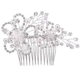 BiBeary Women Elegant Wedding Bridal Crystal Simulated Pearls Maple Flower Manual Handmade Hair Comb Hair Jewellery Silver-Tone