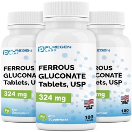 Puregen Ferrous Gluconate 324 mg [High Potency] Iron Supplement 100 tabs 3 Pack
