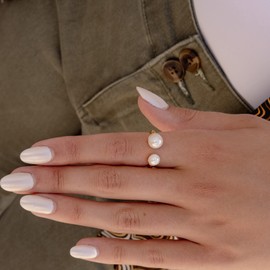 Aurelia Mae 18K Gold Plated Freshwater Cultured Pearl Ring Gold Knuckle Rings Two Pearls Open Midi Ring Open Cuff Wrap Band, Copper, Pearl