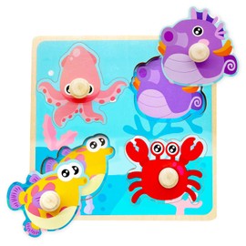 Yeefunjoy Wooden Toddler Puzzles, Peg Puzzles Toys, Wooden Jigsaw Puzzles with Handles, Infant Kids Montessori Puzzles Educational Learning Toys for 3+ Year Old Toddler Birthday Gifts (Marine animals)