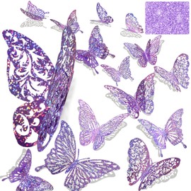 60 Pcs 3D Sequined Purple Butterfly Wall Decor Stickers, Butterfly Decorations 5 Styles 3 Sizes, Holographic Butterflies Decor Butterfly Backdrop for Kids Dorm Room Wedding Decor(Sequined Purple)
