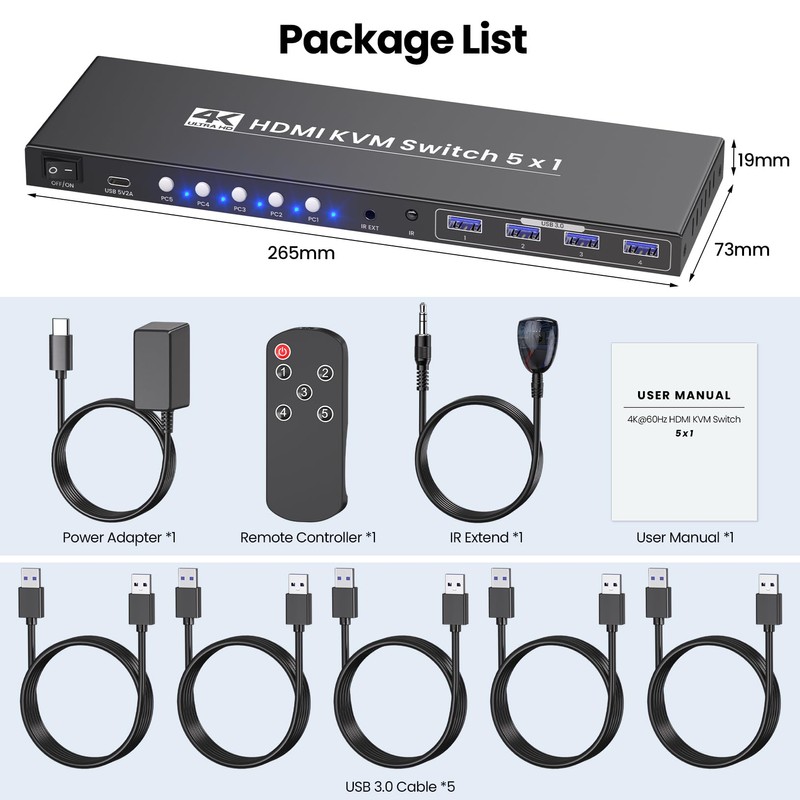 4K@60Hz HDMI KVM Switch 1 Monitor 5 Computers, USB 3.0