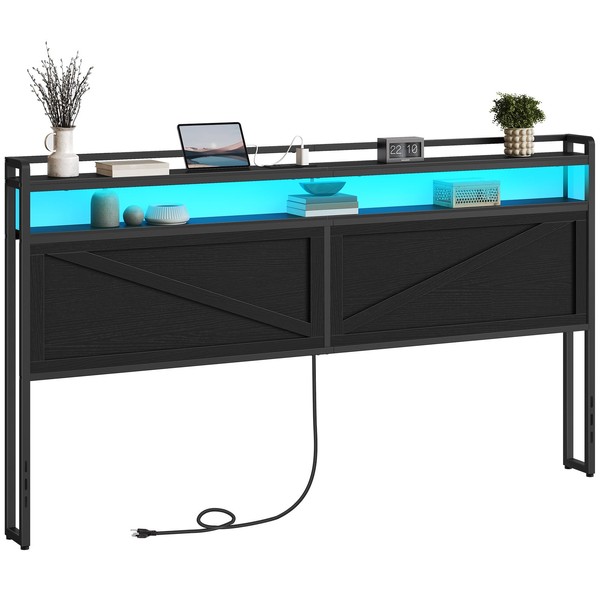HOOBRO King Size Headboard, Headboard with Charging Station and LED