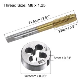 TOP-VIGOR Tap and Die Set Metric M8 x 1.25, HSS (High Speed Steel) Titanium Plated Machine Spiral Point Thread Screw Tap, Alloy Steel Round Threading Die for Cutting External and Internal Thread