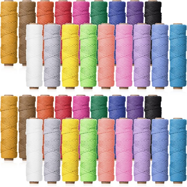 Timgle 36 Rolls Macrame Cord 3mm x 1188 Yards Natural Cotton Twine 4 Strand Twisted String for Crafts Macrame Rope Colored Twine for DIY Knitting Wall Hanging Plant Hangers Wrapping