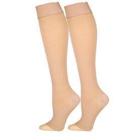 NuVein 20-30 mmHg Compression Stockings for Men and Women, Knee High Length, Dot-Top, Open Toe, Beige, Medium