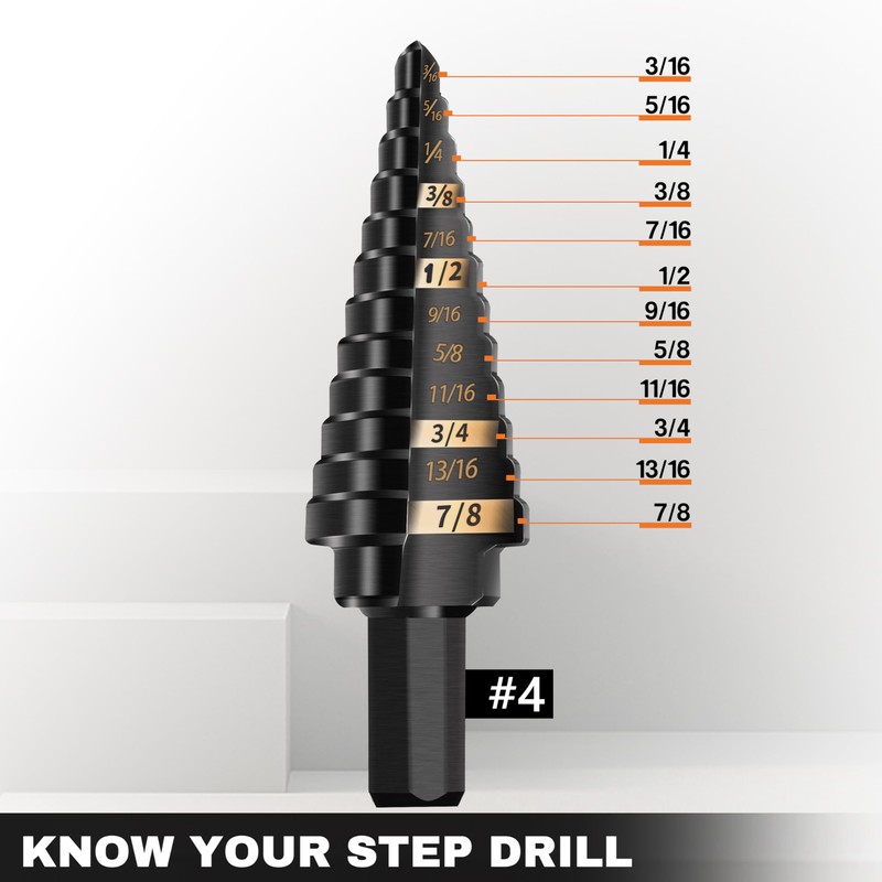 KSEIBI #4 HSS Step Drill Bit Set 3/16-7/8" with 3/8