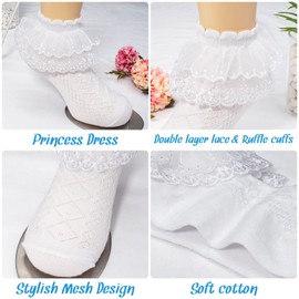 Looching 5 Pairs Toddler Girls Lace Ruffle Socks Baby Kids Eyelet Cotton White Frilly Princess Dress Sock Cute Dance Sock for 4-6years