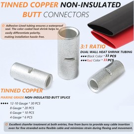 132PCS Non-Insulated Butt Connectors Kit 4/6/8/10-12 AWG Tinned Copper Heavy-Duty Crimp Splice Wire Connectors - 66PCS Seamless Barrel Uninsulated Butt Splice Connectors + 66PCS 3:1 Heat Shrink Tubing