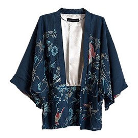 Women Kimono Cover Up Japanese Style Cardigan Floral Print 3/4 Sleeve Women Blouse Coat Casual Jacket