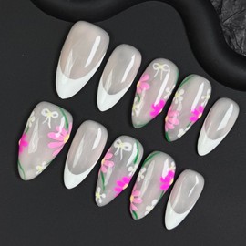 100% Handmade Press on Nails Medium Almond Handmade Nails with Flower Design White French Tip False Nails Pink Floral Nail Press ons Reusable Acrylic Summer Fake Nails for Women Girls Size L 10Pcs
