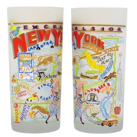 Catstudio Drinking Glasses, New York Frosted Glass Cup for Kitchen, Bar, Everyday Drinking Cup or Cocktail Glass, 15oz Dishwasher Safe Glass Tumbler for New York Lovers, Set of 2