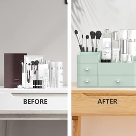 Suyoo Make-up-Organizer mit Schubladen, schicker Arbeitsplatten-Aufbewahrung für Kosmetik, eleganter Schminktisch-Halter für Pinsel, Lidschatten, Lotionen, Lippenstift, Nagellack und Schmuck (grün)