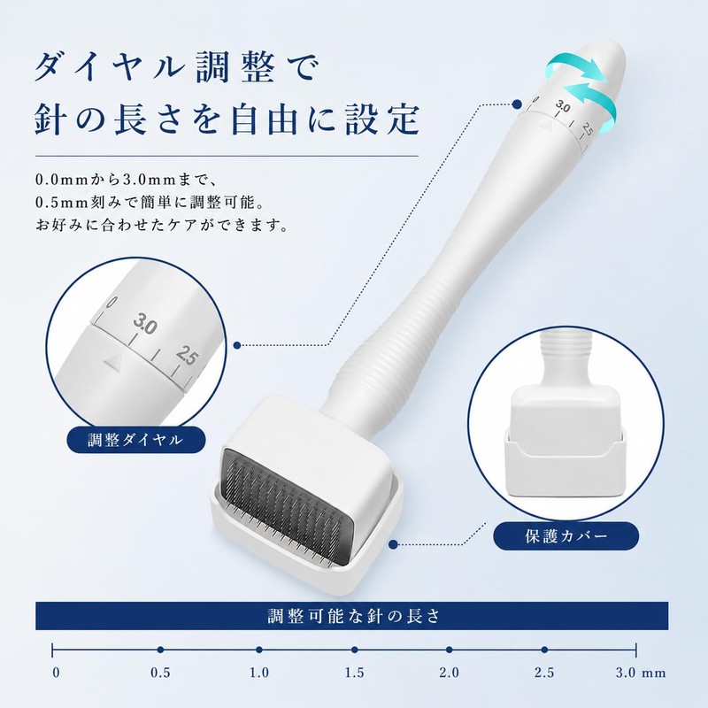ダーマローラー マイクロスタンプ 0〜3mm調整可能 頭皮ケア フェイスケア スキンケア 美容用 極細マイクロピン 低刺激設計 保護キャップ付き