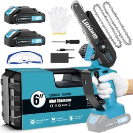 Fostex 6 Inch Cordless Mini Chainsaw, 20V Handheld Chain Saw, Battery Powered, 2 Batteries, 2 Chains, Electric Chainsaws for Tree Trimming, Wood Cutting, Yard & Garden (Blue)