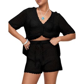 Saodimallsu Womens Crochet Swimsuit Coverup Sets Short Sleeve V Neck Button Tops Drawstring Shorts 2 Piece Beach Outfits