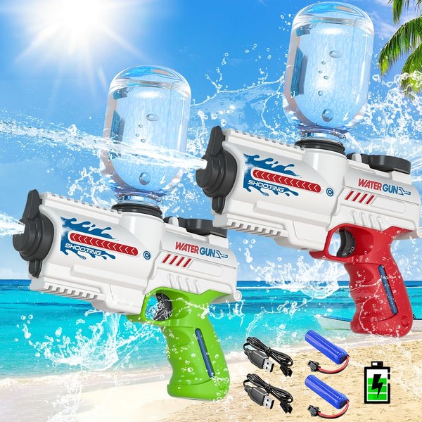 VATOS Electric Water Gun - 2 Pack of Rechargeable Water Pistols for Kids & Adults, Up to 26FT Long Range - Automatic Water Gun Toy with Water Bottles for Pool, Beach, & Outdoor Summer Fun