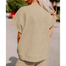 SeeLuNa Women's 2 Piece Outfits Textured Sweatsuit 3/4 Batwing Sleeve Crew Neck Pullover Top Wide Leg Pant Tracksuit Set(Khaki,M)