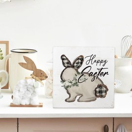 Yetmadi Spring Bunny Decor, Spring Tiered Tray Decor, Spring Wood Tabletop Decor Bunny Sign Rustic Farmhouse Decor for Home Table Shelf Decor, Happy Easter Sign, 5x5 Inch