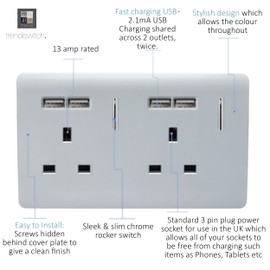 Trendi 2 Gang Artistic Modern Glossy Screwless Raised 13 Amp 240v Short 4 USB Type A Charging Points Double Chrome Switched Electrical Wall Plug Socket Platinum Silver - ART-SKT213USBSI