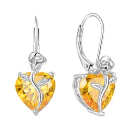 FJ Heart Dangle Drop Earrings 925 Sterling Silver Rose Flower Leverback Earrings Citrine November Birthstone Jewelry Gifts for Women