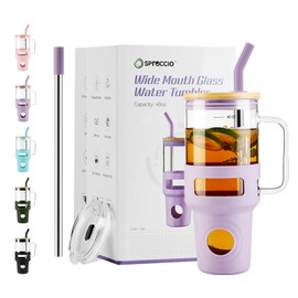 Spreccio Glass Tumbler with Handle, 40oz Reusable Iced Coffee Cup, Lilac Glass Tumbler with Straw and Lid, Glass Water Bottles Fit in Cup Holder, Smoothie Cup