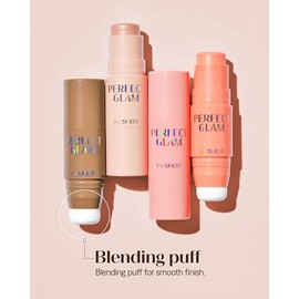 THESAEM Colorete En Barra Perfect Glam Con Esponja Difuminadora Wh01 Aurora Wave - Bálsamo Iluminador Suave Y Lujoso Con Manteca De Karité Y Ceramida Np, Maquillaje Con Brillo Natural, 0,2 Oz.