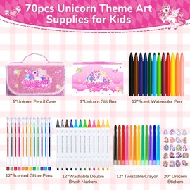 JYPS 70 Piece Unicorn Painting Set for Children with Pencil Case, Washable Colouring Felt Tip Pens Set with Glitter Pens, Colouring Pencils, Markers, Art Set, Writing Set, Toy Gift for Girls 4 5 6 7 8
