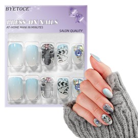 Medium Press on Nails Oval Fake Nails 3D False Nails with Rhinestone Simulation Elephant Designs Full Cover Press ons Blue Ombre Artificial Nails Cute Stick on Nails for Women 24 PCS