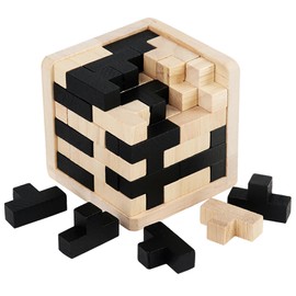 3D Wooden Thinking Puzzle, T Shape Building Blocks, Logic Game in Wooden Frame, Brain Teaser Puzzle, Stress Relief Toy for Children and Adults, Educational Toy for Children and Teenagers (Black White)
