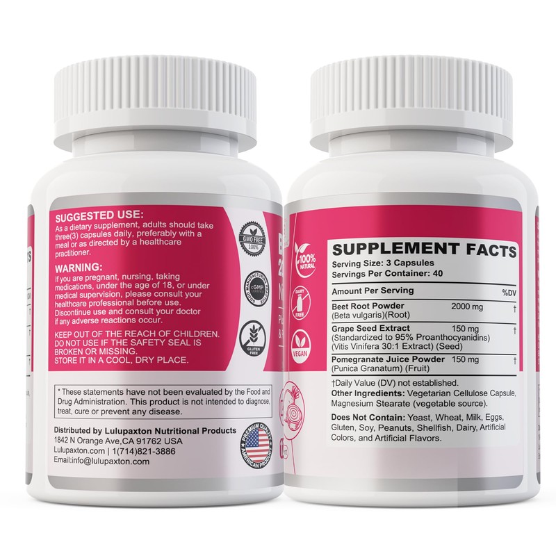 Beet Root Capsules 2000mg Nitric Oxide Supplements w/ Grape Seed
