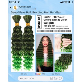 Deep Wave Bulk Braiding Hair-Wet and Wavy Human Braiding Hair,20 Inches 4 Bundles Ombre Black to Green,No Weft Bohemian Curly Hair Bundle for DIY(20"-4 Bundles,T1B/Green）