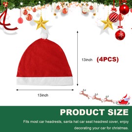 Wevdn 4 PCS Santa Claus Hat Car Seat Headrest Cover, Cute Dust-Proof Headrest Cover Auto Christmas Decor, Non-Woven Santa Hat Scratch-Proof Seat Head Rest Protector for Most Cars