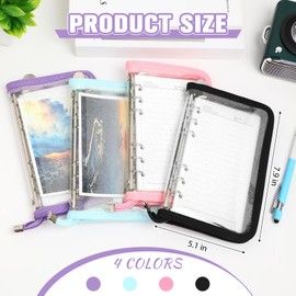 Kosiz 4 Pcs A6 Binder Cover 6 Ring Notebook Binder Clear Soft PVC Zipper Binder A6 Budget Binder Folder A6 Planner Cover Refillable Notebook Shell for Journal Photo Album Organizer, 7.9'' x 5.1''