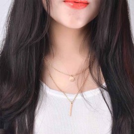 Allereya Vintage Layered Coin Disc Choker Necklace Long Bar Pendant Necklace Tiny Coin Necklace Gold Geometric Vertical Bar Necklace Jewelry for Women and Girls (Gold)