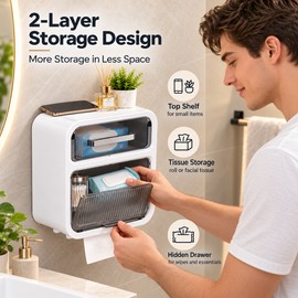 Wall-Mounted Toilet Paper Holder with Drawer – No-Drill Waterproof Tissue Box for Roll & Pull Tissues, White