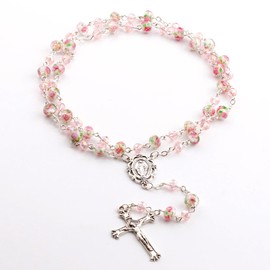 HELLOWIN 8mm Pink Murano Rose Beads Catholic Virgin Mary Rosary Necklace