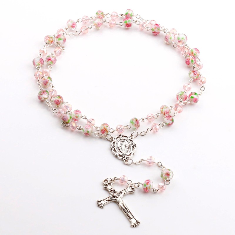 HELLOWIN 8mm Pink Murano Rose Beads Catholic Virgin Mary Rosary