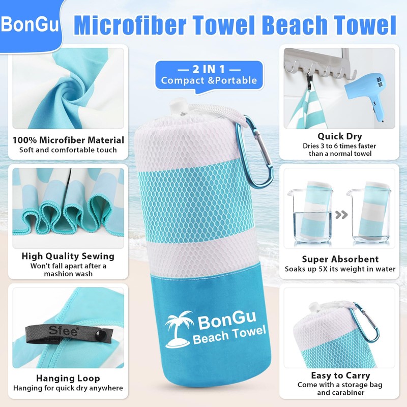 BonGu Beach Towel Set 180x80cm & 60x38cm Microfiber Travel Towels